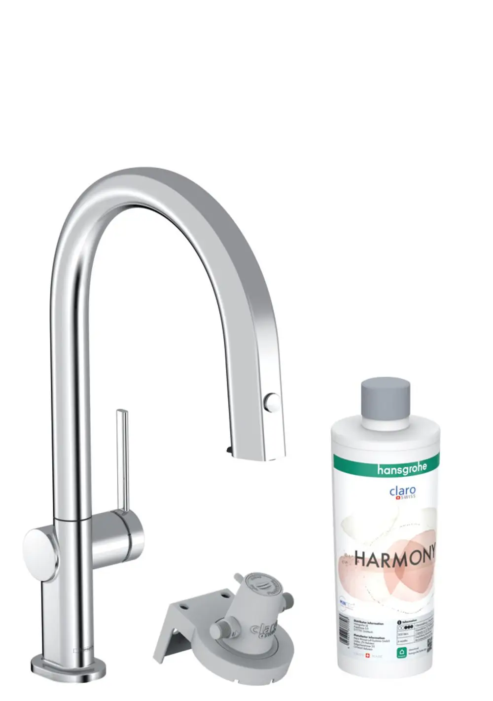Küchenarmatur mit hohem Auslauf von Hansgrohe, inklusive Ausziehfunktion. Ein Flaschenhalter und eine Flasche mit Reinigungsflüssigkeit sind ebenfalls abgebildet.